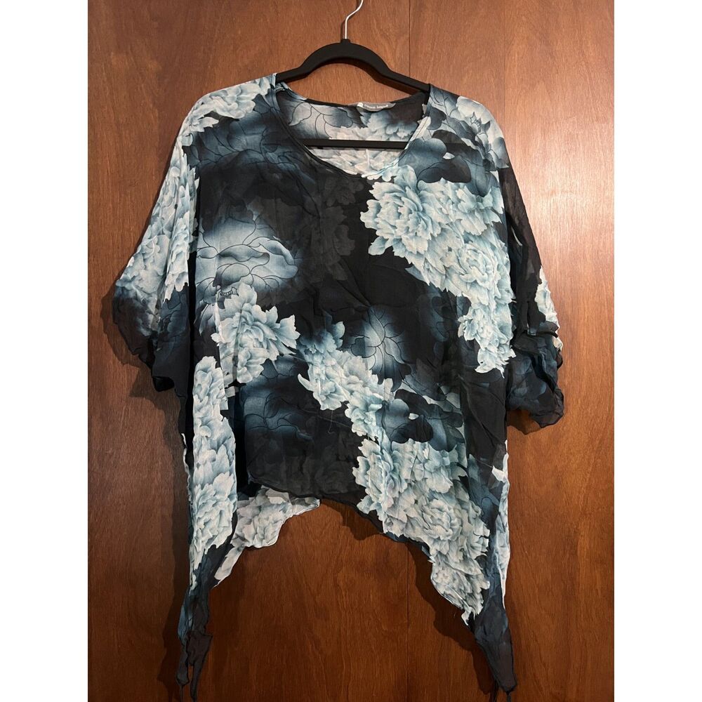 Cocoon House 100% Silk Poncho Blouse Topper Sheer Floral Art To Wear L/XL